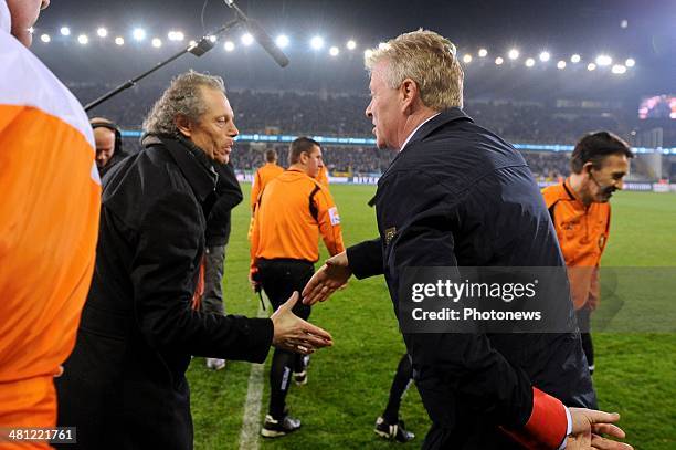 Michel Preud'homme and Peter Maes during the Jupiler Pro League Play-Off 1 match between Club Brugge and Sporting Lokeren on March 28, 2014 in the...