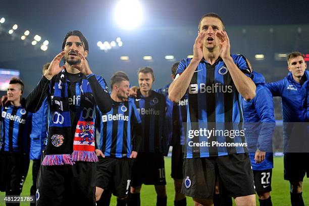 Timmy Simons of Club Brugge and Lior Refaelov of Club Brugge celebrating the victory after the Jupiler Pro League Play-Off 1 match between Club...