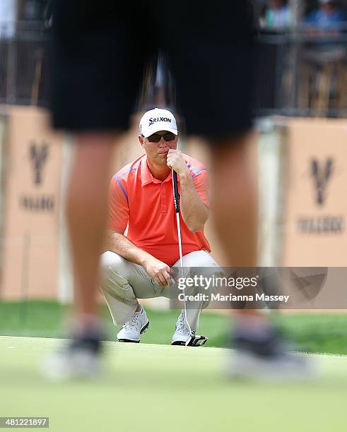 Cameron Beckman prepares to putt on the 18th during Round Two of the Valero Texas Open at TPC San Antonio AT&T Oaks Courseon March 28, 2014 in San...