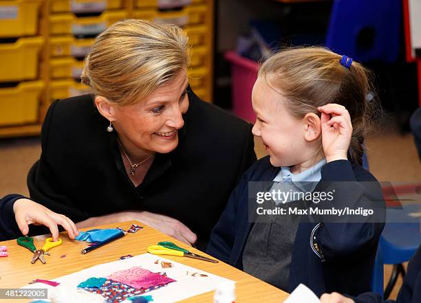 Sophie, Countess of Wessex sits in on an arts and crafts lesson as she visits the Queensgate Foundation Primary School during a day of engagements on...