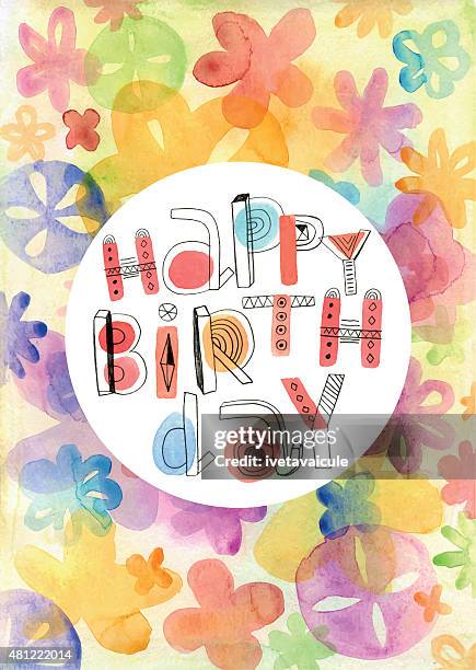 ilustraciones, imágenes clip art, dibujos animados e iconos de stock de mensaje feliz cumpleaños sobre fondo de flores watercolour - letra a con flores vector a