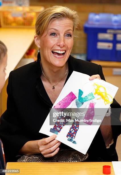 Sophie, Countess of Wessex sits in on an arts and crafts lesson as she visits the Queensgate Foundation Primary School during a day of engagements on...