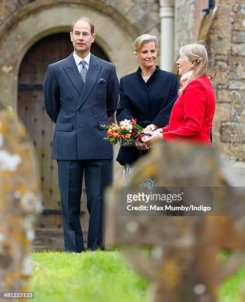 Prince Edward, Earl of Wessex and Sophie, Countess of Wessex visit St Mildred's Church, the burial site of Prince Philip, Duke of Edinburgh's...