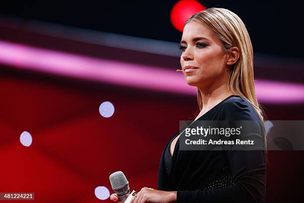 Moderator Sylvie Meis gestures during the 1st Show of 'Let's Dance' on RTL at Coloneum on March 28, 2014 in Cologne, Germany.
