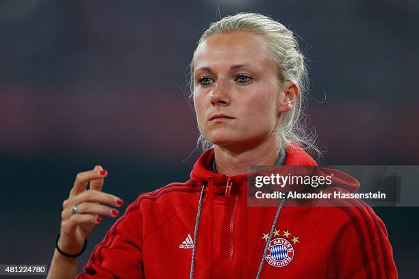 Kathleen Krueger, team manager of FC Bayern Muenchen looks on during the international friendly match between FC Bayern Muenchen and Valencia FC of...