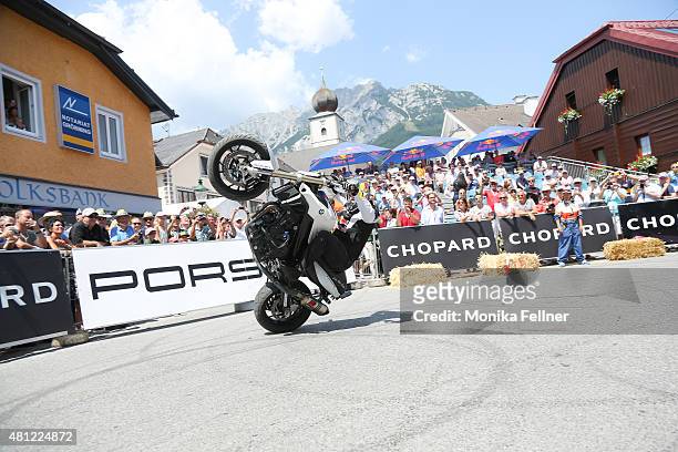 Chris Pfeiffer shows a bike performance during the Ennstal Classic 2015 on July 18, 2015 in Groebming, Austria.