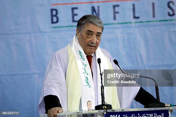 Algerian presidential candidate and former Prime Minister Ali Benflis addresses to the supporters during an election campaign rally on March 28, 2014...