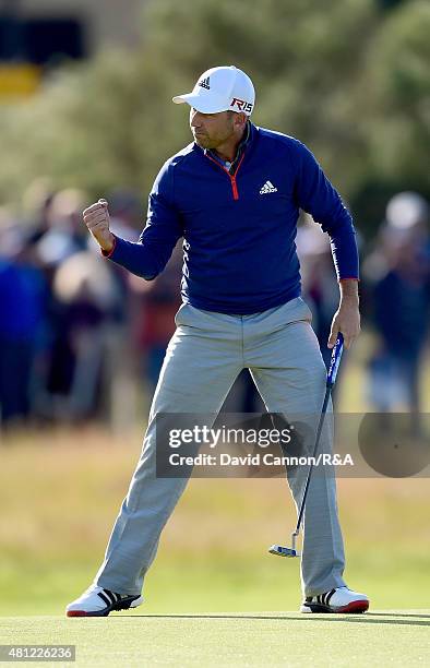 Sergio Garcia of Spain reacts to a putt for birdie on the 17th hole during the second round of the 144th Open Championship at The Old Course on July...