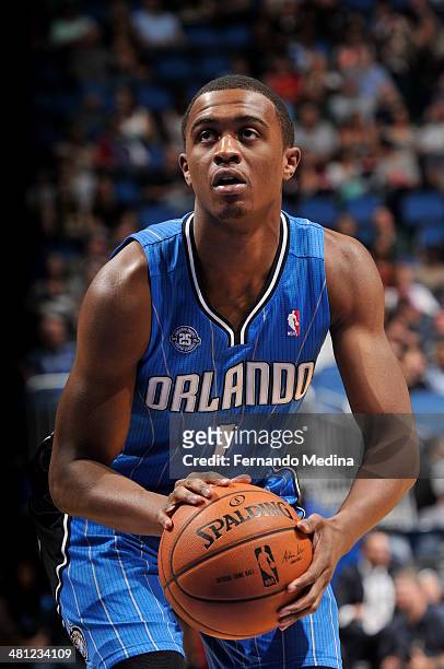 Doron Lamb of the Orlando Magic shoots a foul shot against the Charlotte Bobcats during the game on March 28, 2014 at Amway Center in Orlando,...