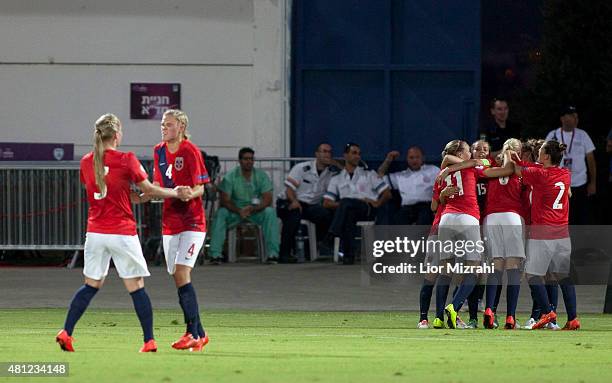 Norway players celebrate after a goal during the UEFA Women's Under-19 European Championship group stage match between U19 Germany and U19 Norway at...