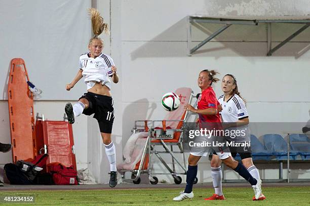Lea Schuller of Germany jumps for the ball during the UEFA Women's Under-19 European Championship group stage match between U19 Germany and U19...