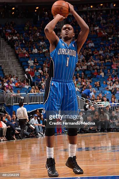 Doron Lamb of the Orlando Magic shoots a shot against the Charlotte Bobcats during the game on March 28, 2014 at Amway Center in Orlando, Florida....