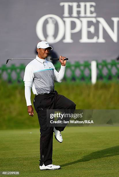 Tiger Woods of the United States reacts on the 18th green during the second round of the 144th Open Championship at The Old Course on July 18, 2015...