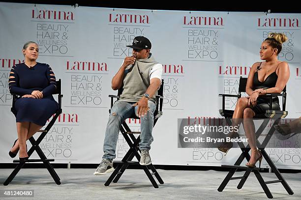 Denise Bidot, Lenny Santiago and Adrienne Bailon speak onstage during the Latina Beauty, Hair & Wellness Expo presented by Latina Media Ventures at...