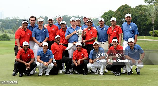 Team Asia and Team Europe celebrate together after the first EurAsia Cup finished in a tie. They are pictured after the single matches on day three...