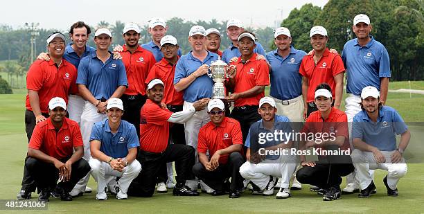 Team Asia and Team Europe celebrate together after the first EurAsia Cup finished in a tie. They are pictured after the single matches on day three...