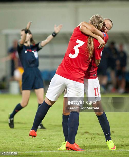 Marit Clausen and Vilde Fjelldal of Norway celabrate after the UEFA Women's Under-19 European Championship group stage match between U19 Germany and...