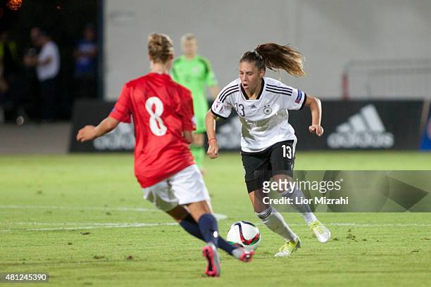 Jasmin Sehan of Germany challenges Nora Eide Lie of Norway during the UEFA Women's Under-19 European Championship group stage match between U19...