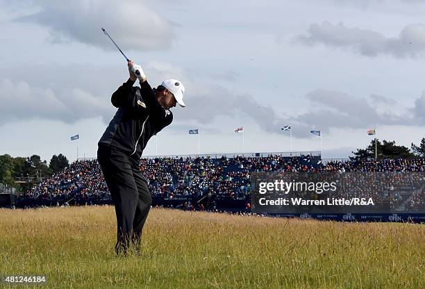 Paul Lawrie of Scotland plays his second shot to the 17th hole during the second round of the 144th Open Championship at The Old Course on July 17,...