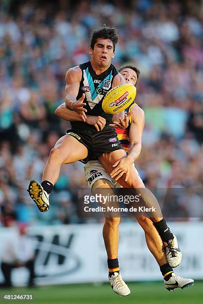 Chad Wingard of the Power takes a mark during the round two AFL match between the Port Adelaide Power and the Adelaide Crows at Adelaide Oval on...