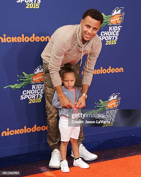 Player Stephen Curry and daughter Riley Curry attend the Nickelodeon Kids' Choice Sports Awards at UCLA's Pauley Pavilion on July 16, 2015 in...