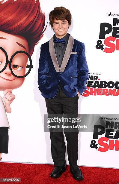 Actor Max Charles attends the premiere of "Mr. Peabody & Sherman" at Regency Village Theatre on March 5, 2014 in Westwood, California.