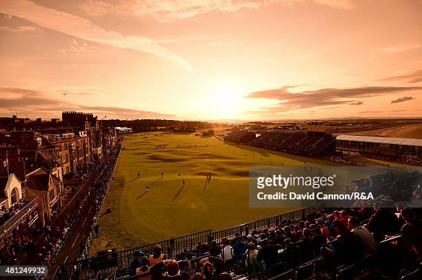 General view of the 18th and first hole is seen as fans watch play during the second round of the 144th Open Championship at The Old Course on July...