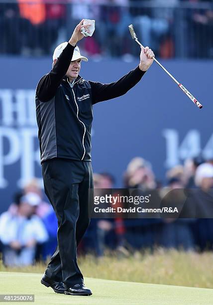 Paul Lawrie of Scotland reacts on the 17th green during the second round of the 144th Open Championship at The Old Course on July 18, 2015 in St...