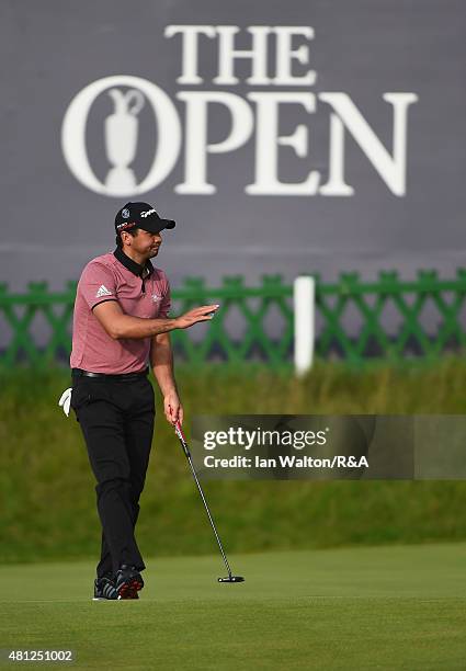 Jason Day of Australia waves on the 18th green during the second round of the 144th Open Championship at The Old Course on July 18, 2015 in St...