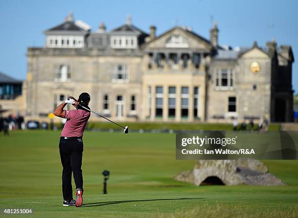 Jason Day of Australia hits his tee shot on the 18th hole during the second round of the 144th Open Championship at The Old Course on July 18, 2015...