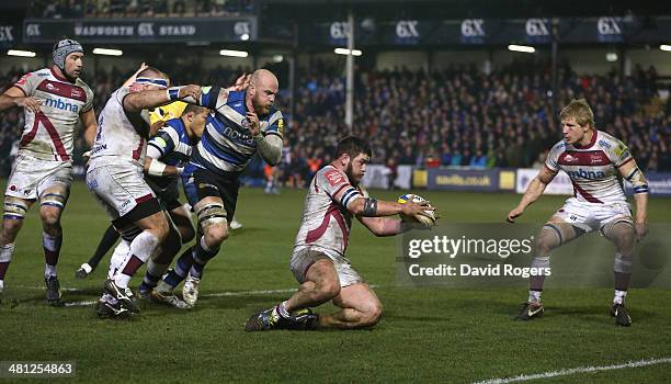 Marc Jones of Sale gathers the loose ball during the Aviva Premiership match between Bath and Sale Sharks at the Recreation Ground on March 28, 2014...