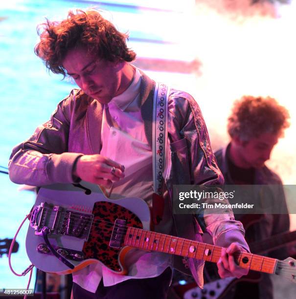 Andrew VanWyngarden of MGMT performs during the Ultra Music Festival at Bayfront Park Amphitheater on March 28, 2014 in Miami, Florida.