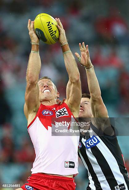 Ryan O'Keefe of the Swans marks during the round two AFL match between the Sydney Swans and the Collingwood Magpies at ANZ Stadium on March 29, 2014...