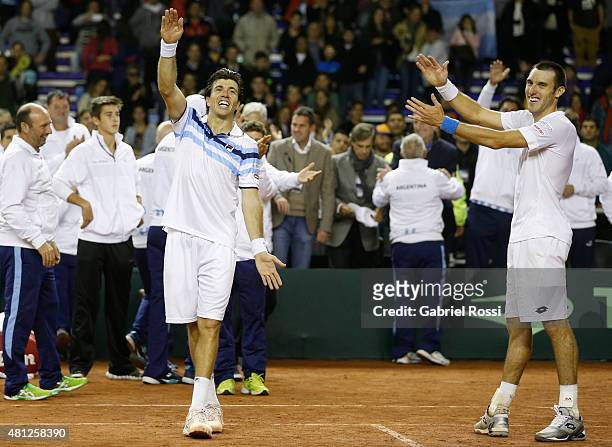 Carlos Berlocq of Argentina and Leonardo Mayer of Argentina celebrate after winning a quarter final doubles match between Carlos Berlocq / Leonardo...