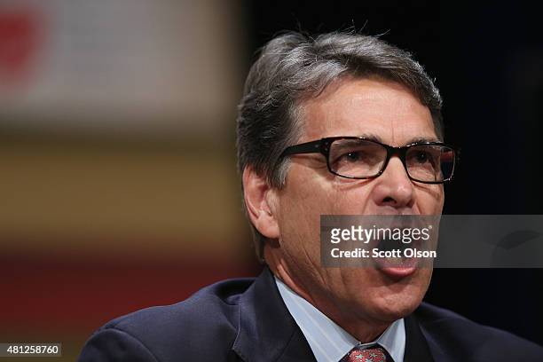 Republican presidential candidate and former Texas Governor Rick Perry fields questions at The Family Leadership Summit at Stephens Auditorium on...