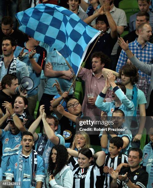 Fans show their support during the round 25 A-League match between Melbourne Victory and Sydney FC at AAMI Park on March 29, 2014 in Melbourne,...