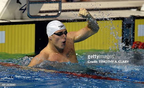 Henrique Rodrigues of Brazil celebrates winning gold in the men's 200m Individual Medley Finals at the Toronto 2015 Pan American Games in Toronto,...