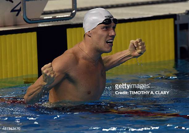 Henrique Rodrigues of Brazil wins gold during the men's 200m Individual Medey Finals at the Toronto 2015 Pan American Games in Toronto, Canada July...