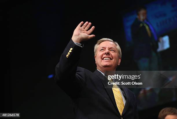 Republican presidential candidate Senator Lindsey Graham of South Carolina fields questions at The Family Leadership Summit at Stephens Auditorium on...