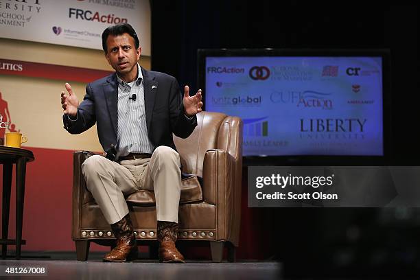 Republican presidential candidate Louisiana Governor Bobby Jindal fields questions at The Family Leadership Summit at Stephens Auditorium on July 18,...