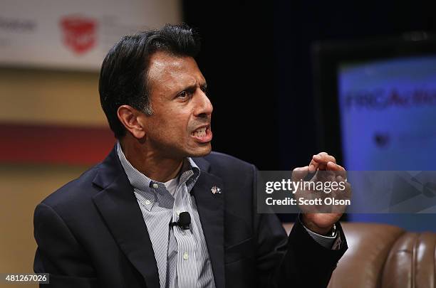 Republican presidential candidate Louisiana Governor Bobby Jindal fields questions at The Family Leadership Summit at Stephens Auditorium on July 18,...