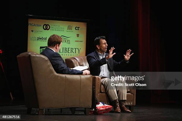 Republican presidential candidate Louisiana Governor Bobby Jindal fields questions from Frank Luntz at The Family Leadership Summit at Stephens...