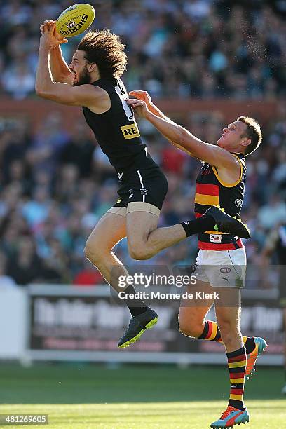 John Butcher of the Power is pushed in the back by Brent Reilly of the Crows during the round two AFL match between the Port Adelaide Power and the...
