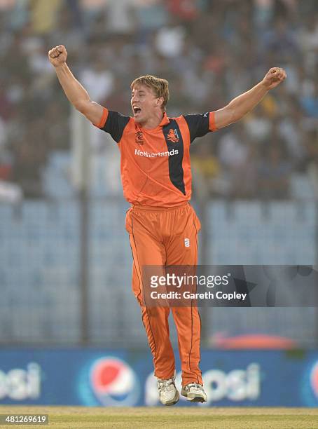 Logan van Beek of the Netherlands celebrates dismissing Kane Williamson of New Zealand during the ICC World Twenty20 Bangladesh 2014 Group 1 match...