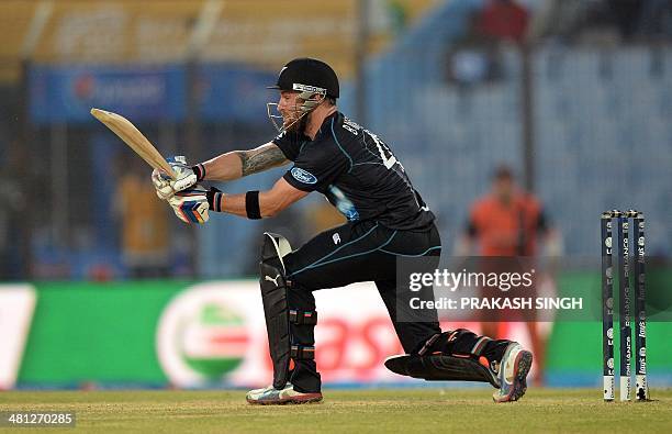 New Zealand batsman Brendon McCullum plays a shot during the ICC World Twenty20 tournament cricket match between Netherlands and New Zealand at The...