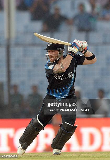 New Zealand batsman Brendon McCullum plays a shot during the ICC World Twenty20 tournament cricket match between Netherlands and New Zealand at The...