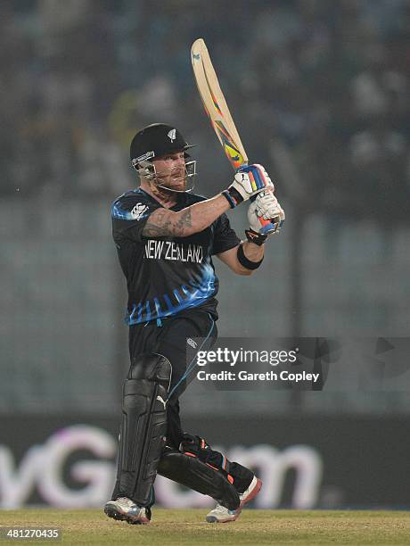 Brendon McCullum of New Zealand hits out for six runs during the ICC World Twenty20 Bangladesh 2014 Group 1 match between New Zealand and the...