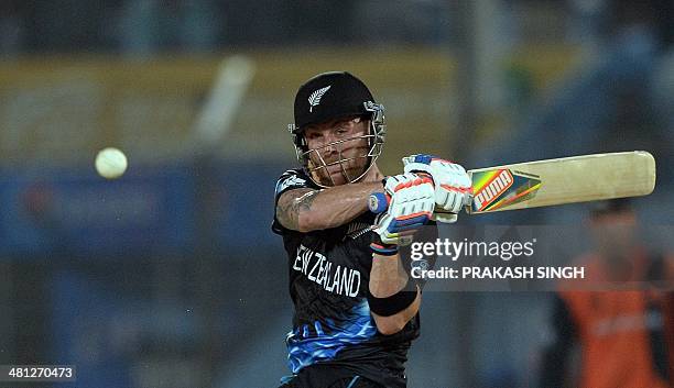 New Zealand batsman Brendon McCullum plays a shot during the ICC World Twenty20 tournament cricket match between Netherlands and New Zealand at The...