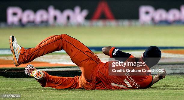 Mudassar Bukhari of The Netherlands catches Brendon McCullum of New Zealand during the New Zealand v Netherlands match at the ICC World Twenty20...