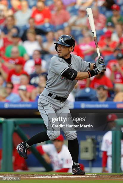 Ichiro Suzuki of the Miami Marlins bats in the first inning during a game against the Philadelphia Phillies at Citizens Bank Park on July 18, 2015 in...